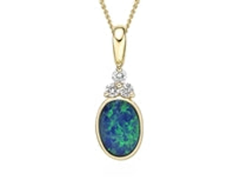 10K Yellow Gold 5mm x 7mm Australian Opal Doublet and 0.065cttw Diamond Necklace - 18 Inches