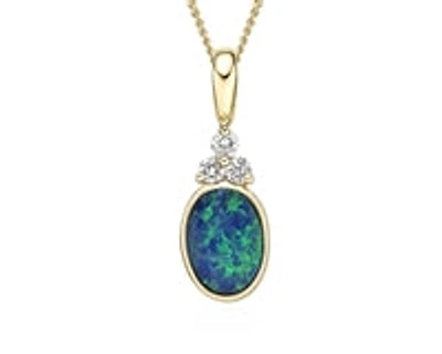 10K Yellow Gold 5mm x 7mm Australian Opal Doublet and 0.065cttw Diamond Necklace - 18 Inches