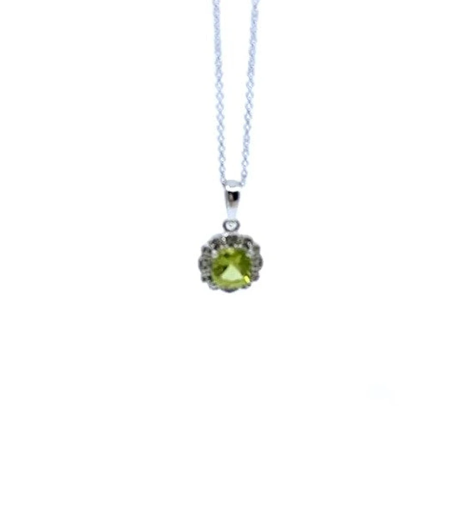 10K White Gold 5mm Cushion Cut Peridot & 0.02cttw Diamond Pendant, 18"