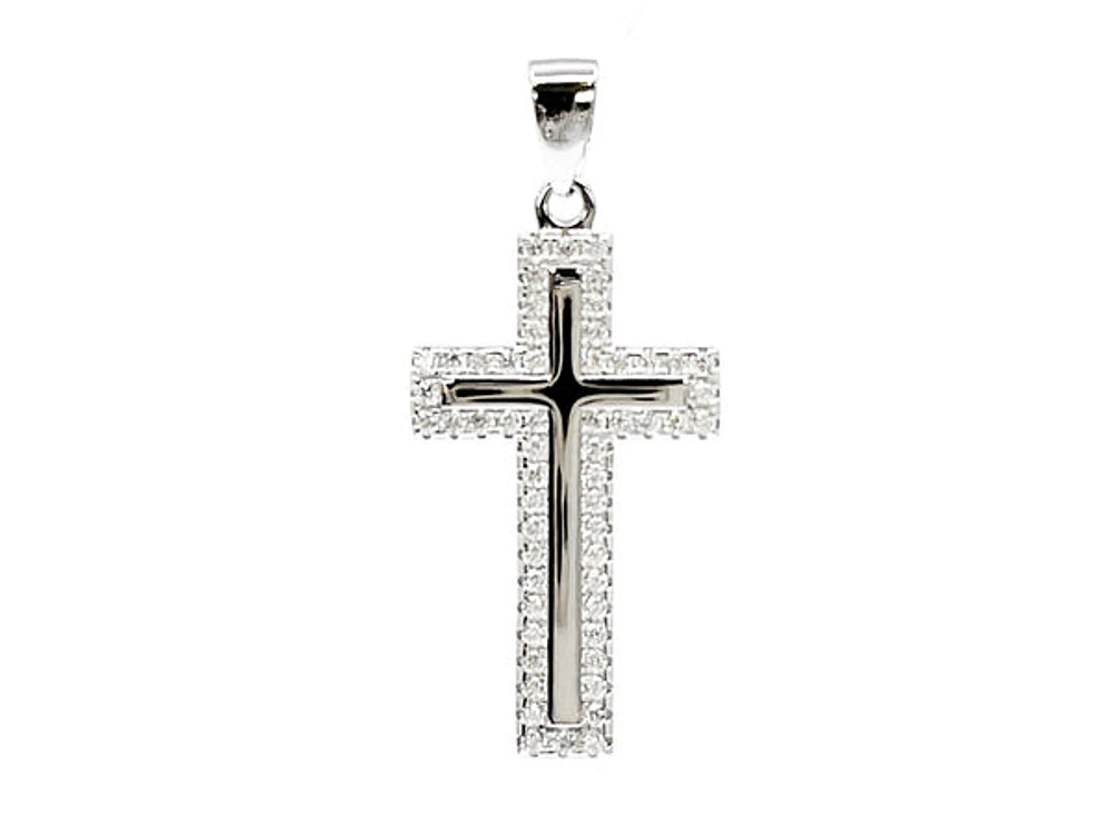 925 Sterling Silver Cubic Zirconia 28mm x 15mm Crested Cross Charm