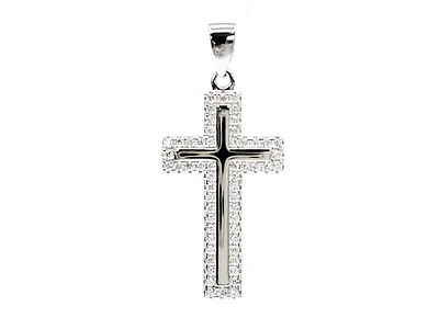 TRACKING - 925 Sterling Silver Cubic Zirconia 28mm x 15mm Crested Cross Charm