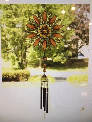 Black Metal & Glass Orange Flowers with Sunflower Windchime