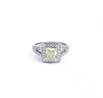 14K White Gold 1.52cttw Fancy Natural Yellow Diamond Halo Engagement Ring, 6.5