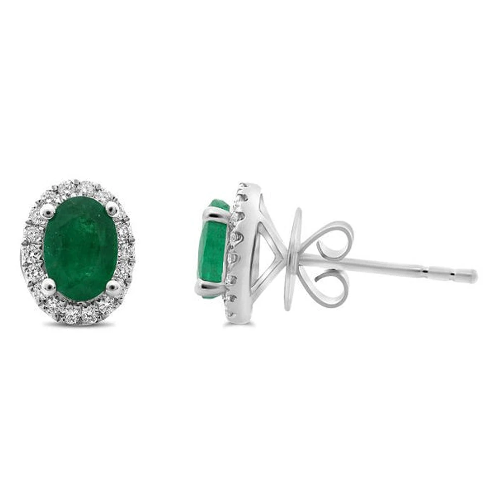 18K White Gold  Oval Cut Emerald and Diamond Halo Stud Earrings