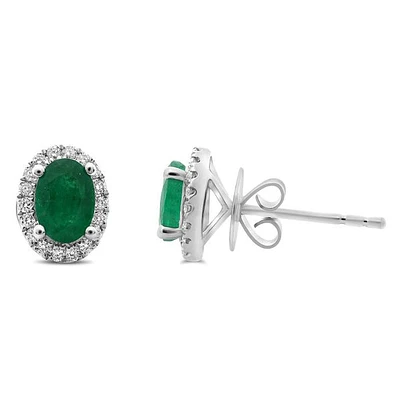 18K White Gold  Oval Cut Emerald and Diamond Halo Stud Earrings