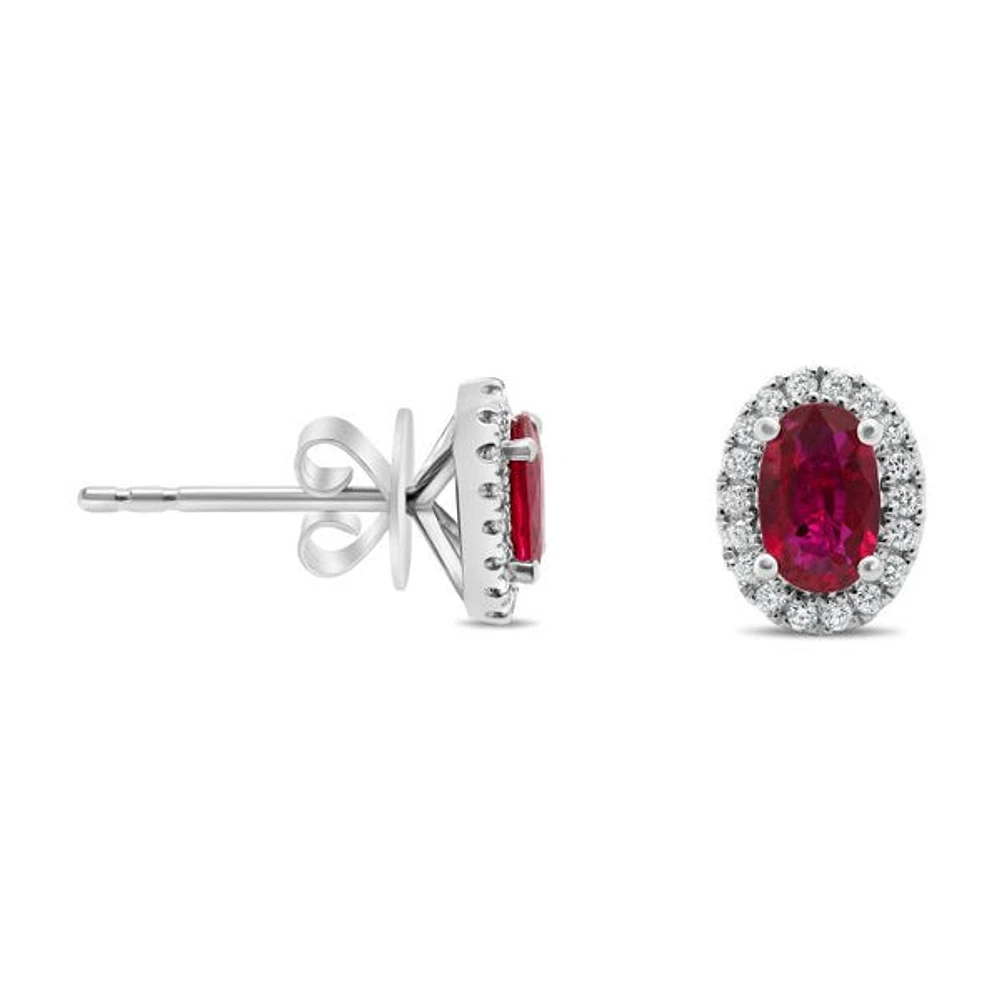 18K White Gold Ruby and Diamond Halo Stud Earrings