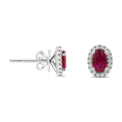 18K White Gold Ruby and Diamond Halo Stud Earrings