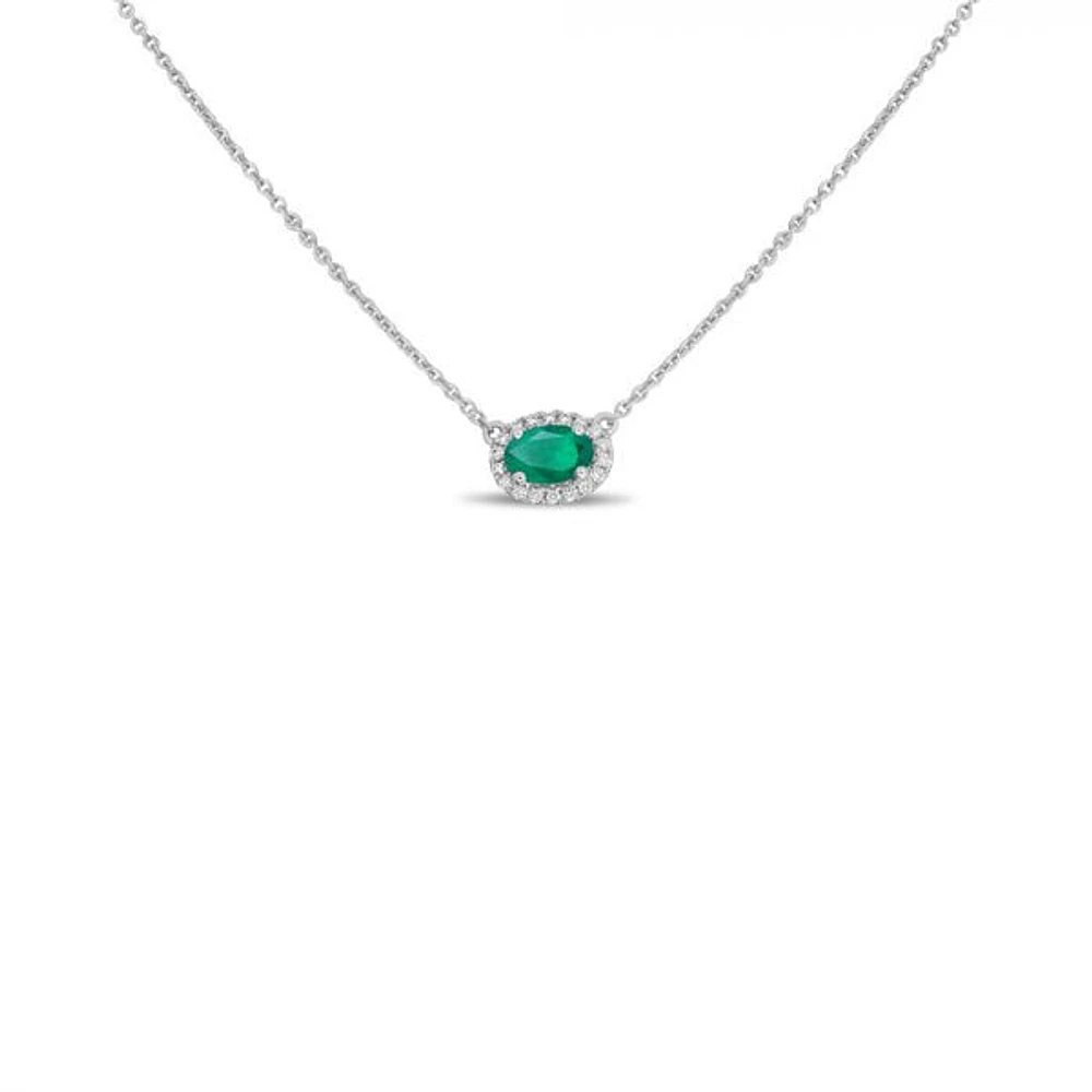 18K White Gold  Oval Cut Emerald and Diamond Halo Necklace, 16-18"