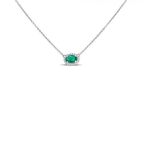 18K White Gold  Oval Cut Emerald and Diamond Halo Necklace, 16-18"