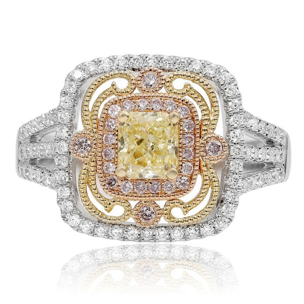 18K 2 Tone Gold Radiant Cut Natural Fancy Yellow, Pink and White Diamond Antique Cluster Halo Ring