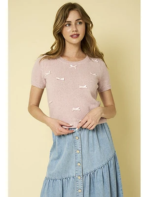 Gilli Romance Ribbon Short Sleeve Sweater Blush