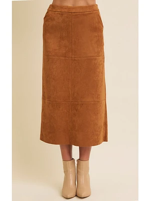 In February Bianca Suede Midi Skirt With Back Slit In Caramel