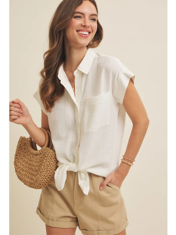 February Emma Cotton Gauze Button Down Off White