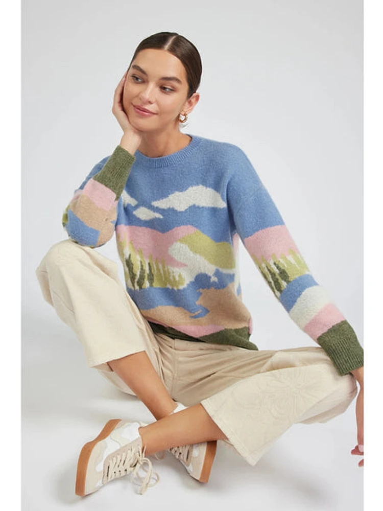 Current Air Meadow Round Neck Sweater In Blue Multi