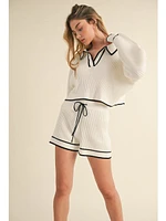 Mable Cornelia Collared Contrast Knit Crop Top and Shorts Set In Off White