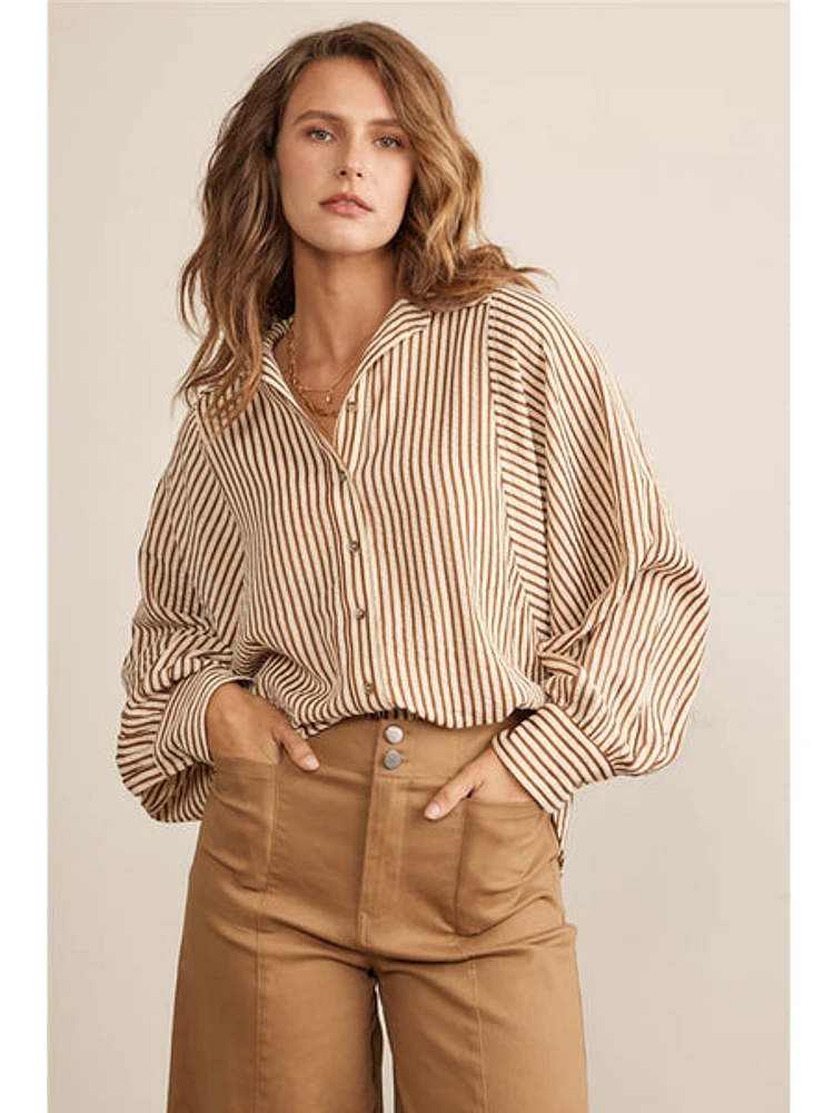 In February Leona Button Down Stripe Shirt In Brown