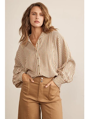 In February Leona Button Down Stripe Shirt In Brown