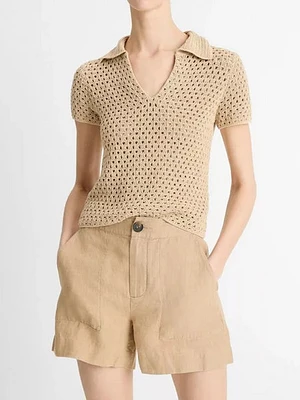 Vince Macramé Cotton Polo Sweater Pale Nut