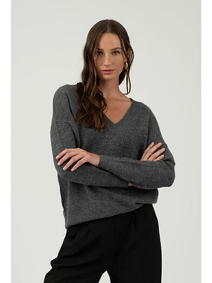 The Workshop Gracie Vneck Drop Shoulder Sweater Charcoal