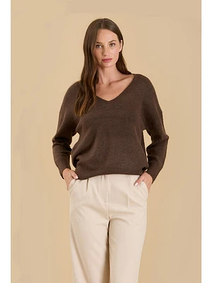 The Workshop Gracie Vneck Drop Shoulder Sweater Dark Mocha