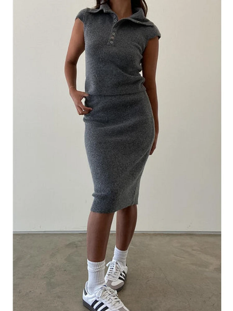 Et Clet Aurelie Knitted Ribbed Polo Top and Skirt Set Grey