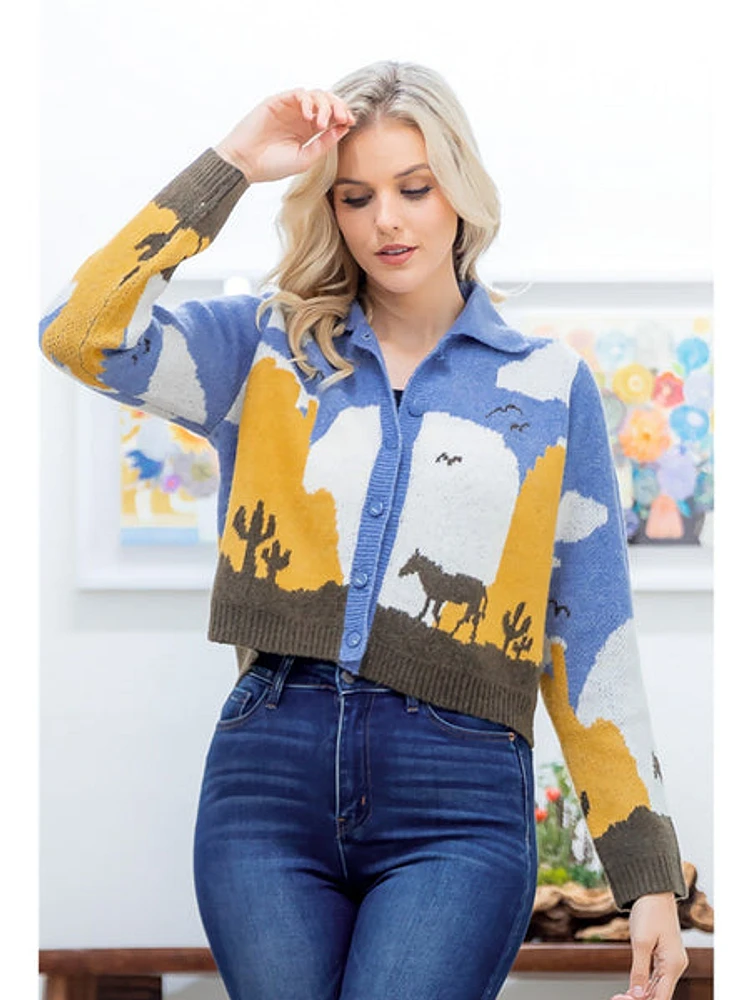 Taelynn Mara Cozy Horse Knit Cardigan Chambray