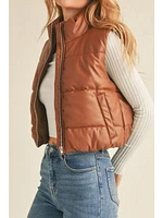 Up Clothing Faux Leather Puffer Vest In Cognac