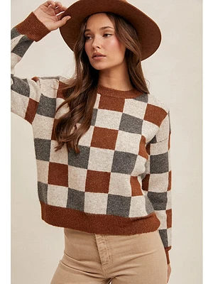 Hem&Thread Checkered Crew Neck Sweater In Brown