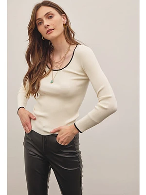 In February Kodie Contrast Edge Scoop Neck Sweater In Cream