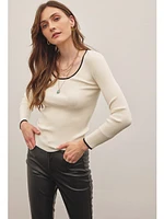 February Kodie Contrast Edge Scoop Neck Sweater Cream