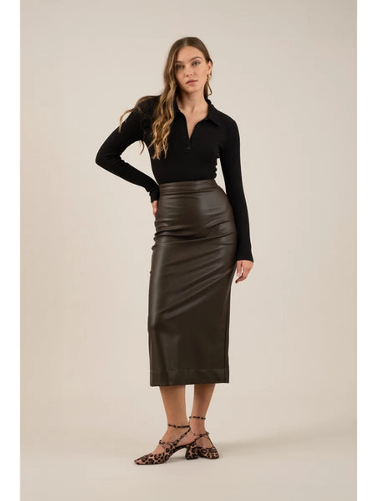 The Workshop Aida Faux Leather Back Slit Skirt Dark Brown