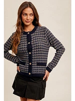 Hem&Thread Juno Tweed Sweater Caridgan In Navy