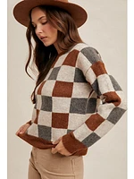 Hem&Thread Checkered Crew Neck Sweater In Brown