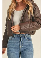 Up Cloting Casin Pleather Puff Jacket Coffee