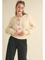 &Merci Mavis Flower Button Knit Cardigan Ivory