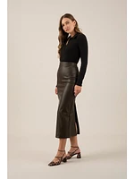 The Workshop Aida Faux Leather Back Slit Skirt Dark Brown