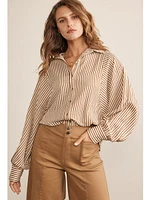 February Leona Button Down Stripe Shirt Brown