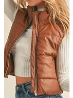 Up Clothing Faux Leather Puffer Vest In Cognac