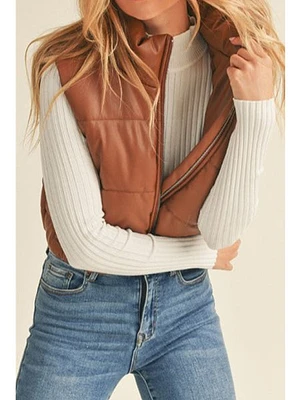 Up Clothing Faux Leather Puffer Vest In Cognac