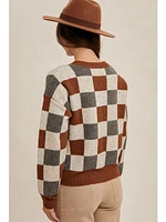 Hem&Thread Checkered Crew Neck Sweater In Brown