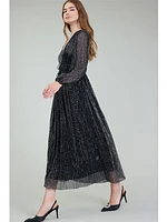 Current Air Petra Long Sleeve Pleated Dress Black Silver