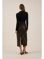 The Workshop Aida Faux Leather Back Slit Skirt Dark Brown