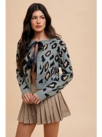 Anniewear Tie Front Leopard Sweater Cardigan Blue Grey