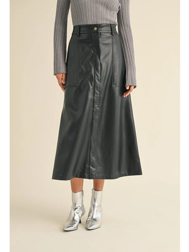 Miou Muse Thara Pleather A Line Skirt In Black