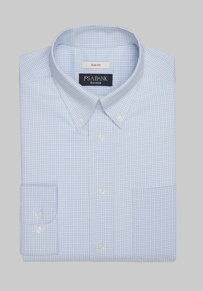 Men's Traveler Collection Slim Fit Button-Down Collar Check Dress Shirt at Jos. A. Bank, Blue, X