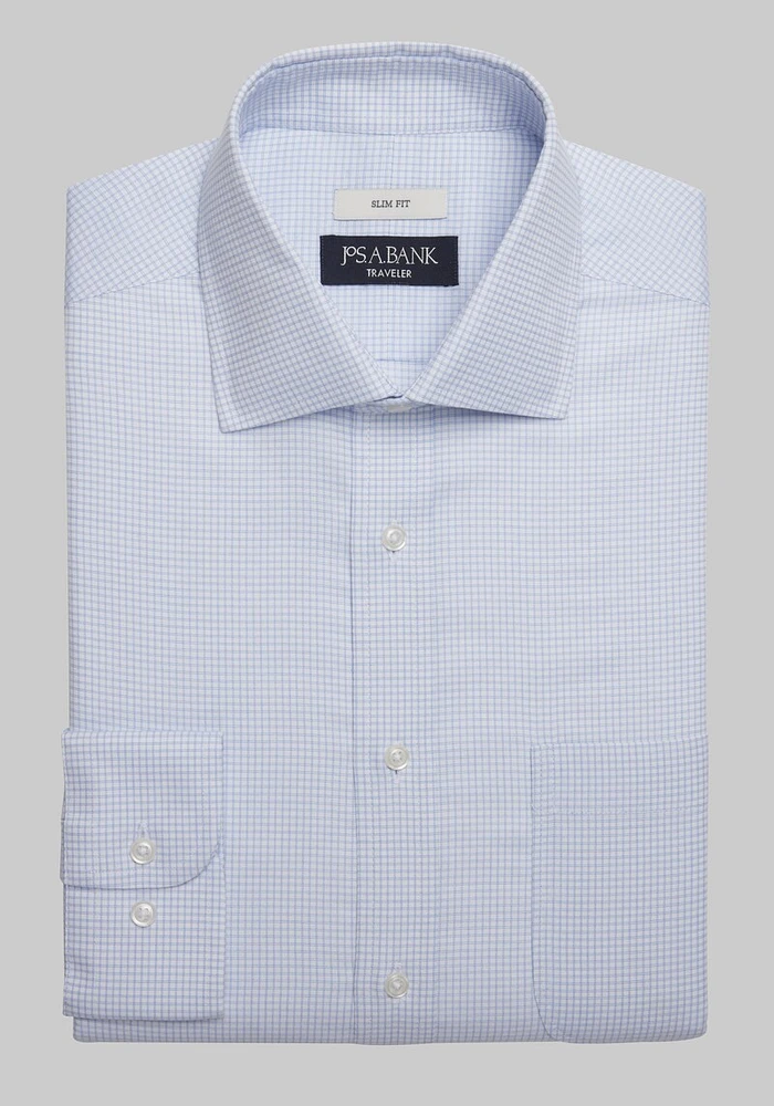 Men's Traveler Collection Slim Fit Spread Collar Mini Check Dress Shirt at Jos. A. Bank, Blue, X