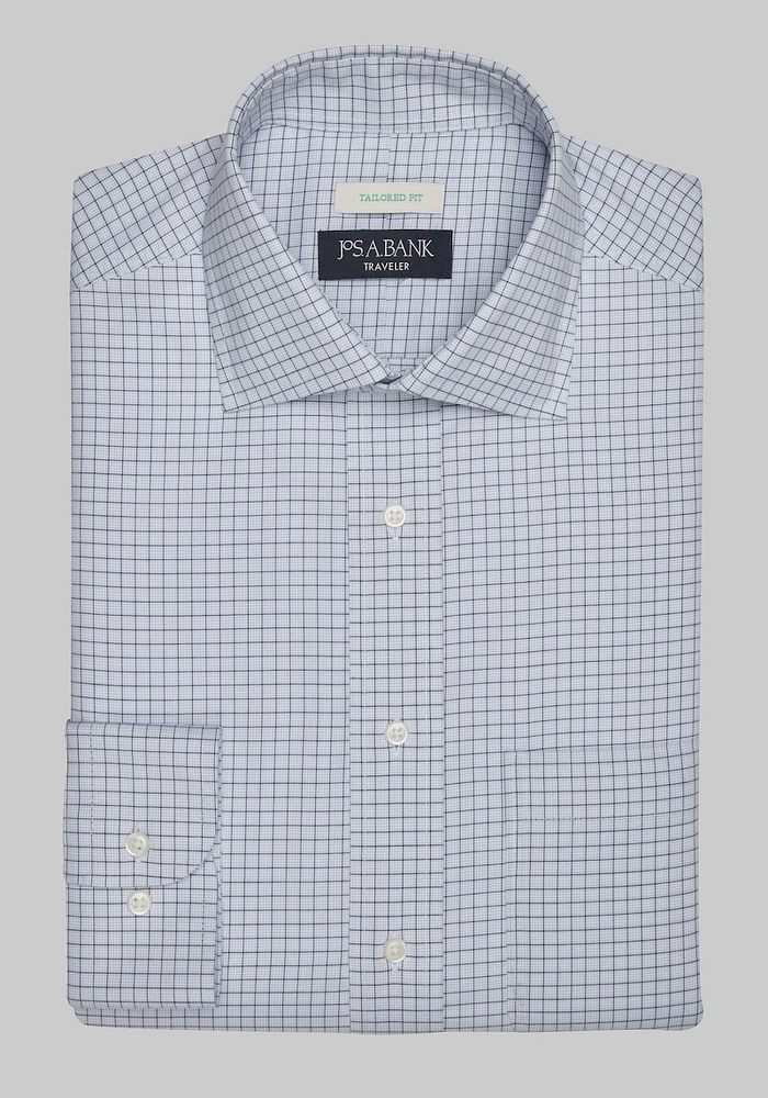 Men's Traveler Collection Tailored Fit Spread Collar Check Dress Shirt at Jos. A. Bank, Blue