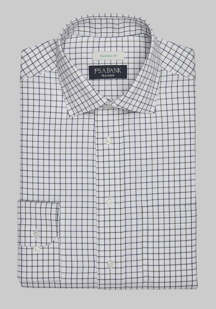 Men's Traveler Collection Tailored Fit Spread Collar Check Dress Shirt at Jos. A. Bank, Blue/Cream/White, X