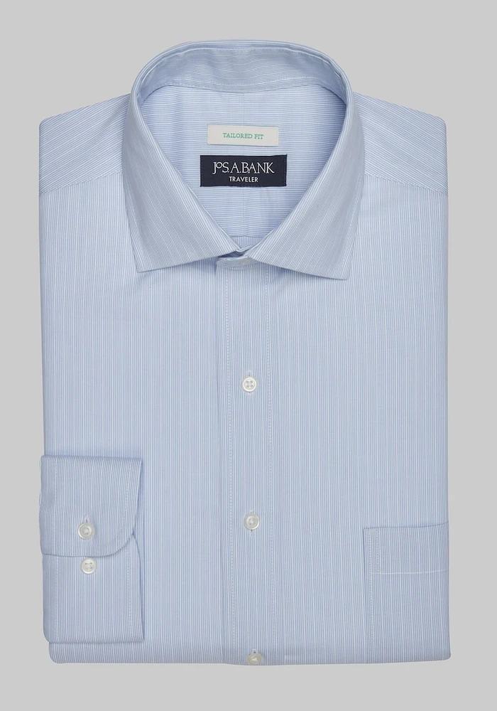 Men's Traveler Collection Tailored Fit Spread Collar Stripe Dress Shirt at Jos. A. Bank, Blue, X