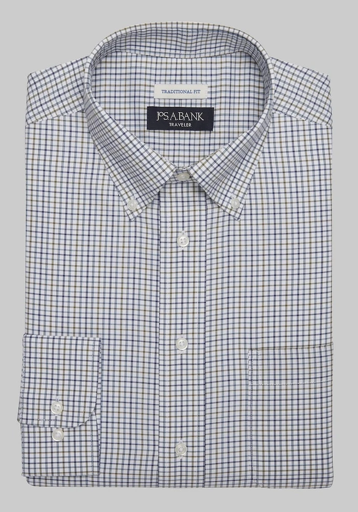 Men's Big & Tall Traveler Collection Traditional Fit Button-Down Collar Check Dress Shirt at Jos. A. Bank, Blue/Navy, X